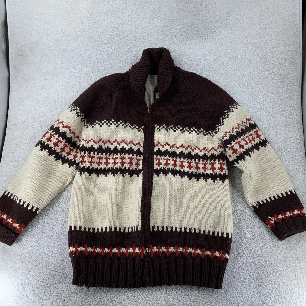 Fair Isle Wool Full Zip Sweater Mens XL‎ Brown Cream Lined Chunky Knit Raglan
